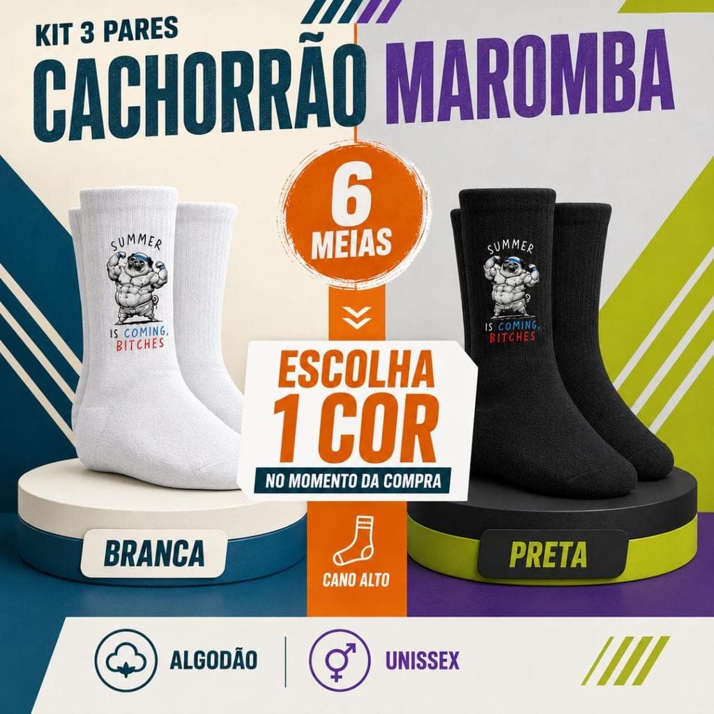 KIT 3 PARES DE MEIAS ESTILO CACHORRÃO MAROMBA - CANO ALTO - BRANCA E PRETA