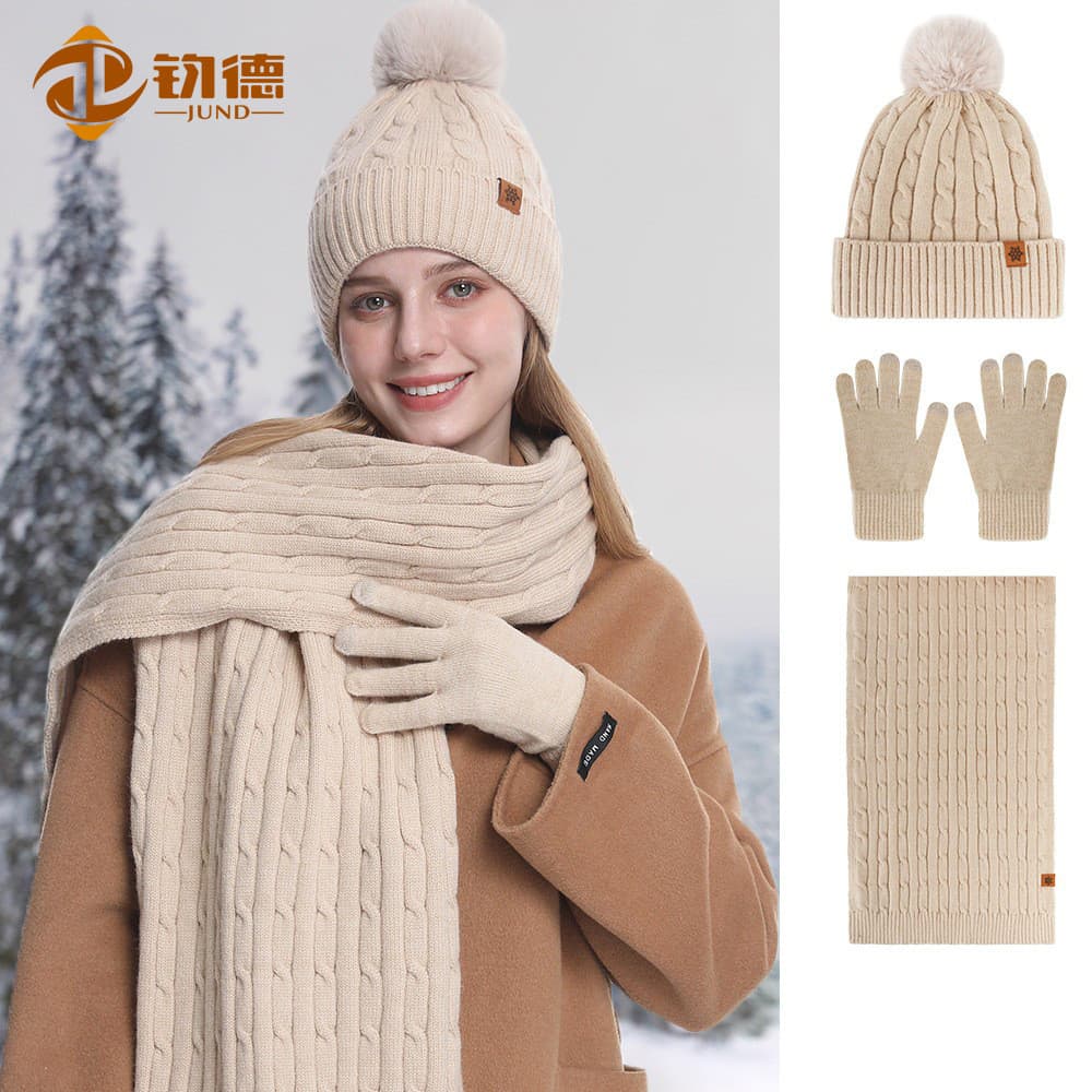 Chapéu de malha feminino inverno quente ciclismo proteção de orelha lã chapéu de malha cachecol luvas de três peças boni