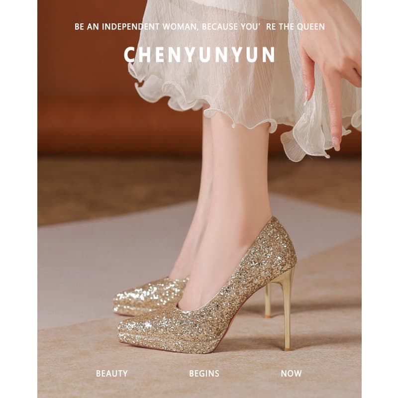 [Chen Yunyun] Plataforma impermeável de salto alto feminino salto alto Stiletto salto Super alto dourado lindos sapatos
