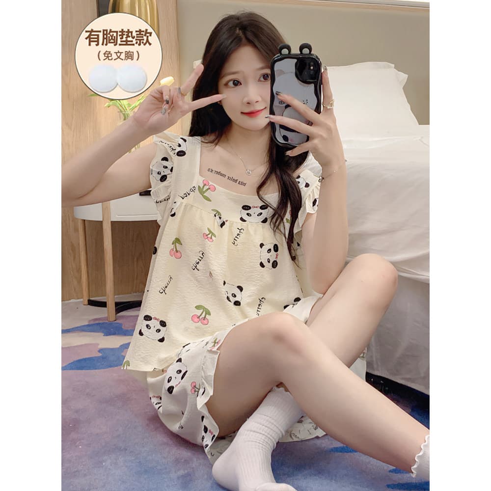 Com almofada no peito pijamas de verão feminino tecido puro algodão colete Shorts doce terno bonito pode usar fora roupa