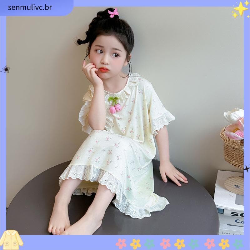 Meninas camisola verão 2026 novo estilo meninas bebê flor princesa pijamas crianças estilo fino Modal Homewear