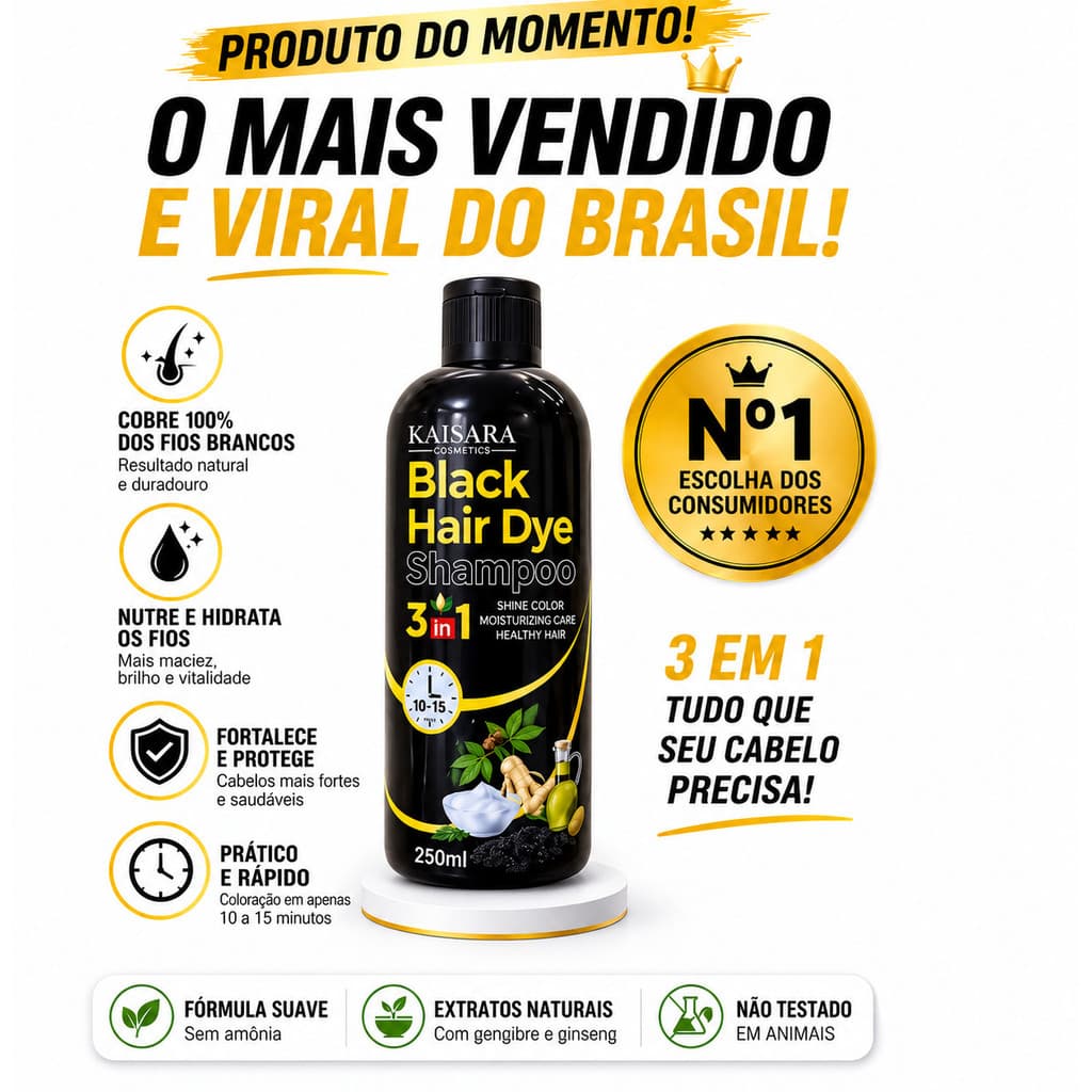Black Hair Dye 3 em 1 Shampo 250ml Cobre Fios Brancos Nutre e Hidrata os Cabelos