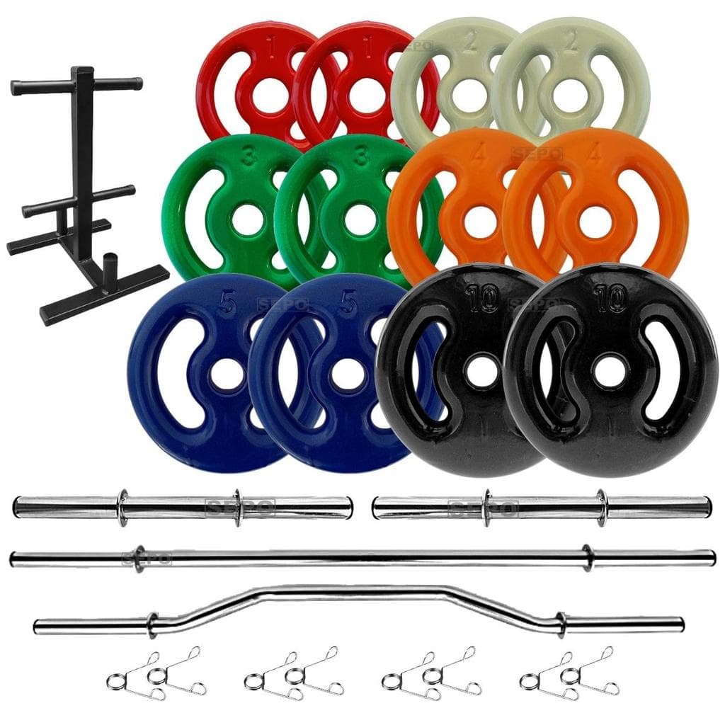 Kit 50Kg Anilhas Emborrachadas + Barras 40cm e 1,50 + Barra W 1,20m + Suporte 120Kg
