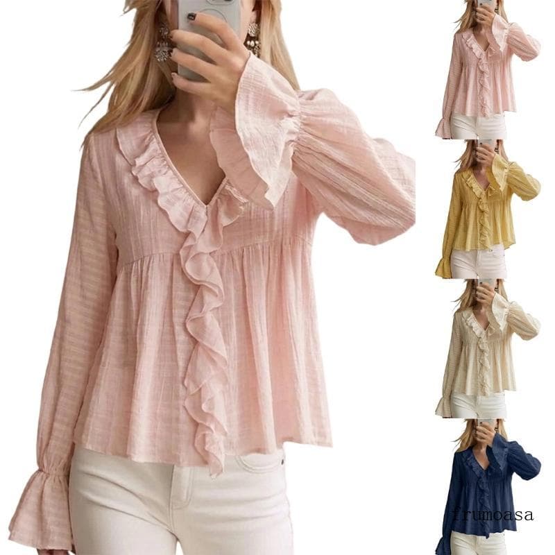 Fru Blusa Feminina Fina Decote V Babado Bainha Irregular Camisa Retrô