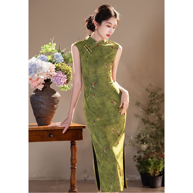 Verde melhorado Cheongsam feminino novo estilo verão estilo jovem Retro temperamento diário verde exame livre Koi vestid