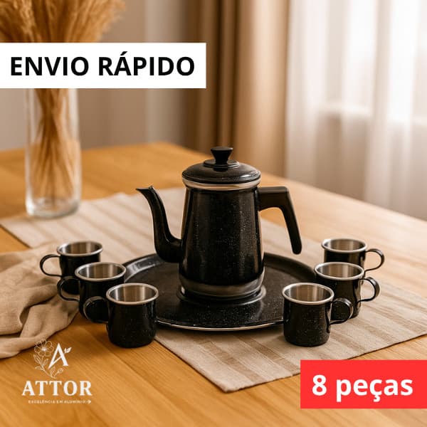 KIT CAFE 8 PEÇAS BULE N8 6 XICARAS 1 BANDEJA ALUMINIO RETRO VINTAGE RUSTICO CANTINHO DO CAFE JOGO 2 EM 1 DECORAÇÃO
