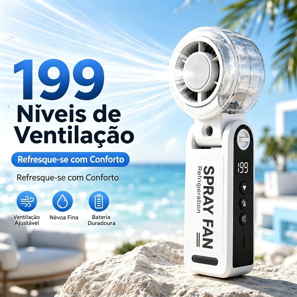 Ventilador de Mão Dobrável com Névoa 199 Níveis Recarregável Type-C 2000mAh Portátil para Viagem Trabalho Estudo