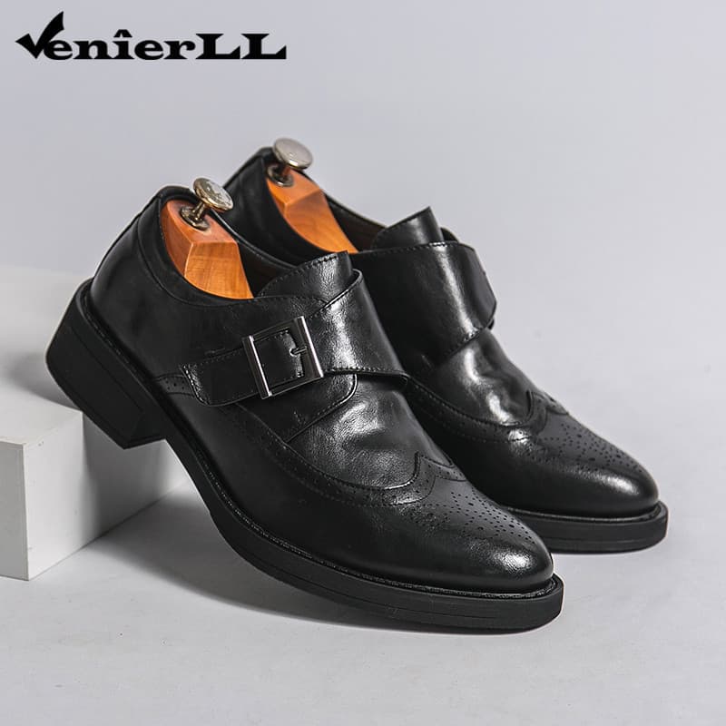 Sapatos Masculinos Com Alça De Monge Brogue Preto Fivela Ajustável Formais De Negócios