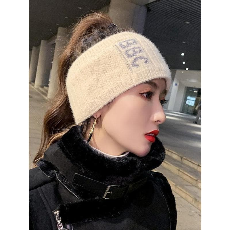 Versão coreana inverno malha chapéu de lã feminino influenciador japonês esportes cabeça boné oco superior rabo de caval
