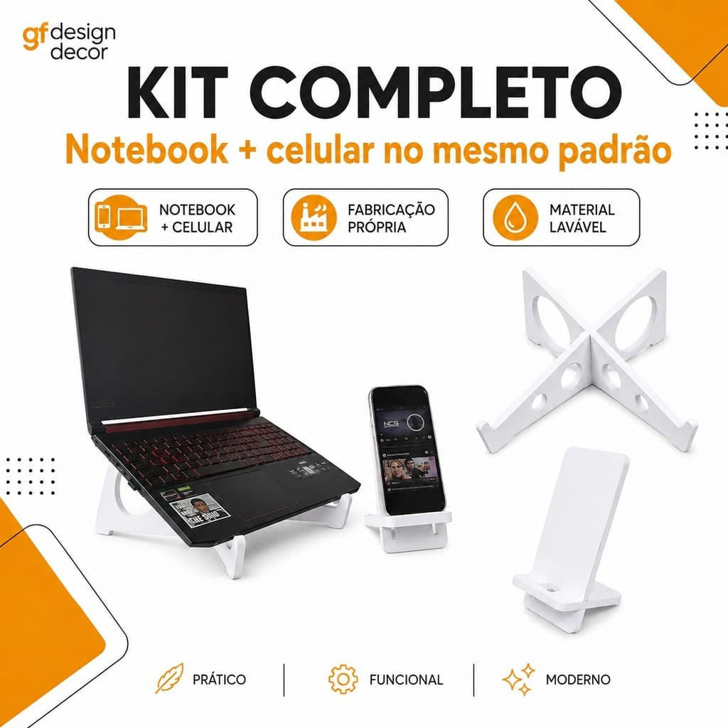 Kit Suporte Notebook e Celular 2 em 1 Base Desmontável PVB Organizador de Mesa Escritório Home Office Branco Leve