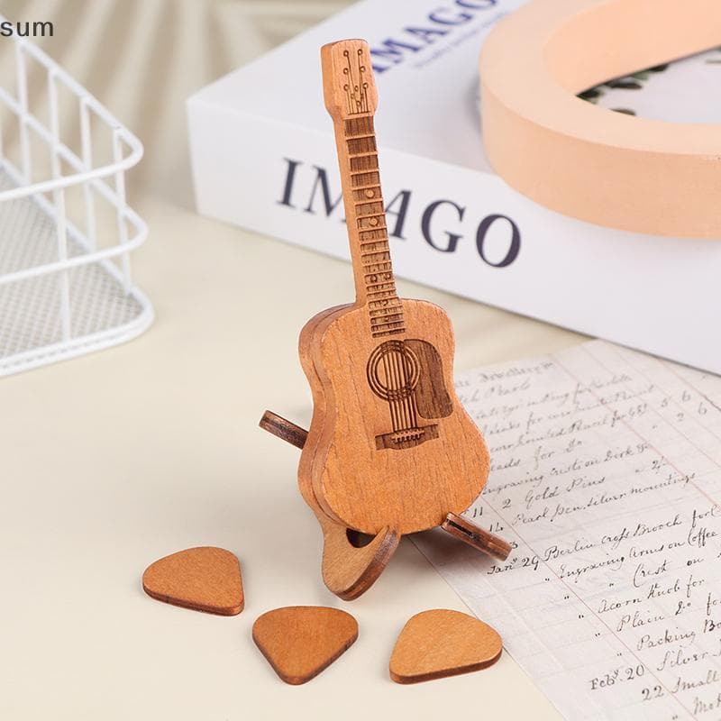 [sum] Caixa Pi De Guitarra De Madeira Com Padrão 3 Peças Gravadas De Armazenamento De Palheta Para Amantes Guitarristas