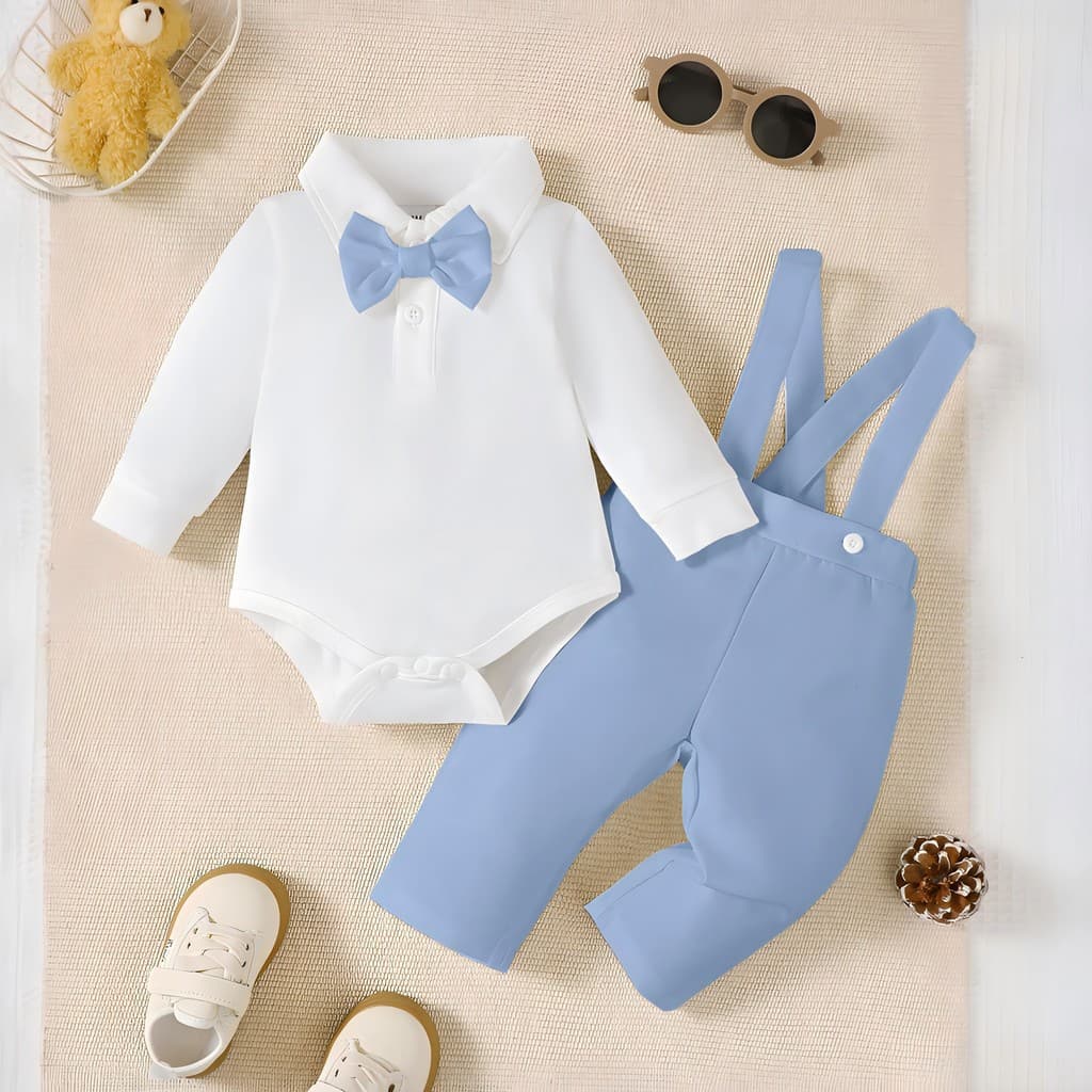 [1-18M] Conjunto De 2 Peças De Roupa Formal Azul Celeste Para Bebês Meninos , Camisa De Gola De Manga Comprida Com Grava