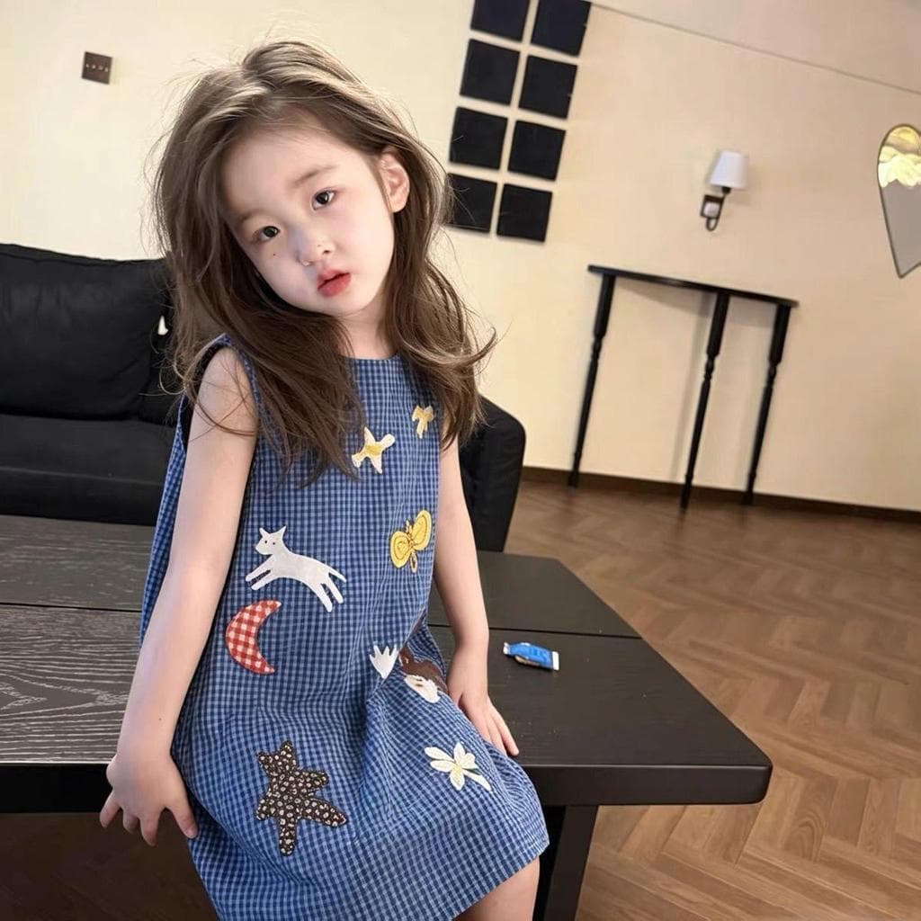 [Novidades] Vestido infantil 2026 verão novo estilo meninas desenho animado estilo ocidental xadrez estampado vestido es