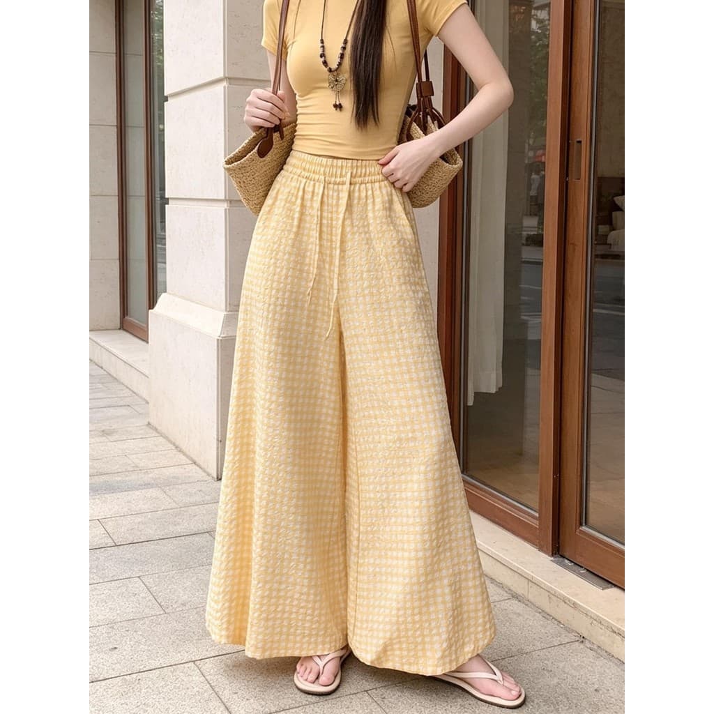 Amarelo xadrez flor Bud Culottes feminino verão 2026 novo estilo cintura alta solta tornozelo comprimento Bloomers seda