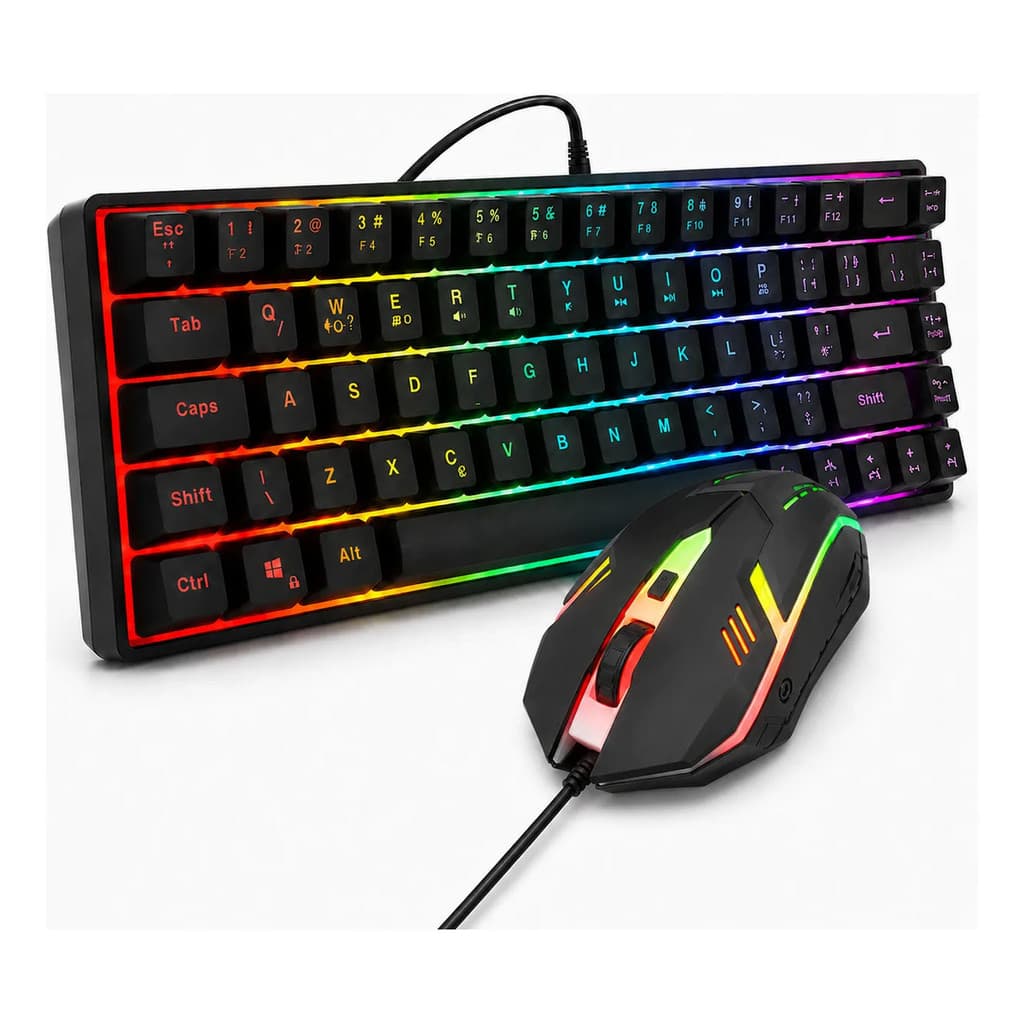 Kit Gamer Teclado 60% Rainbow Mouse Gamer Usb Para Pc