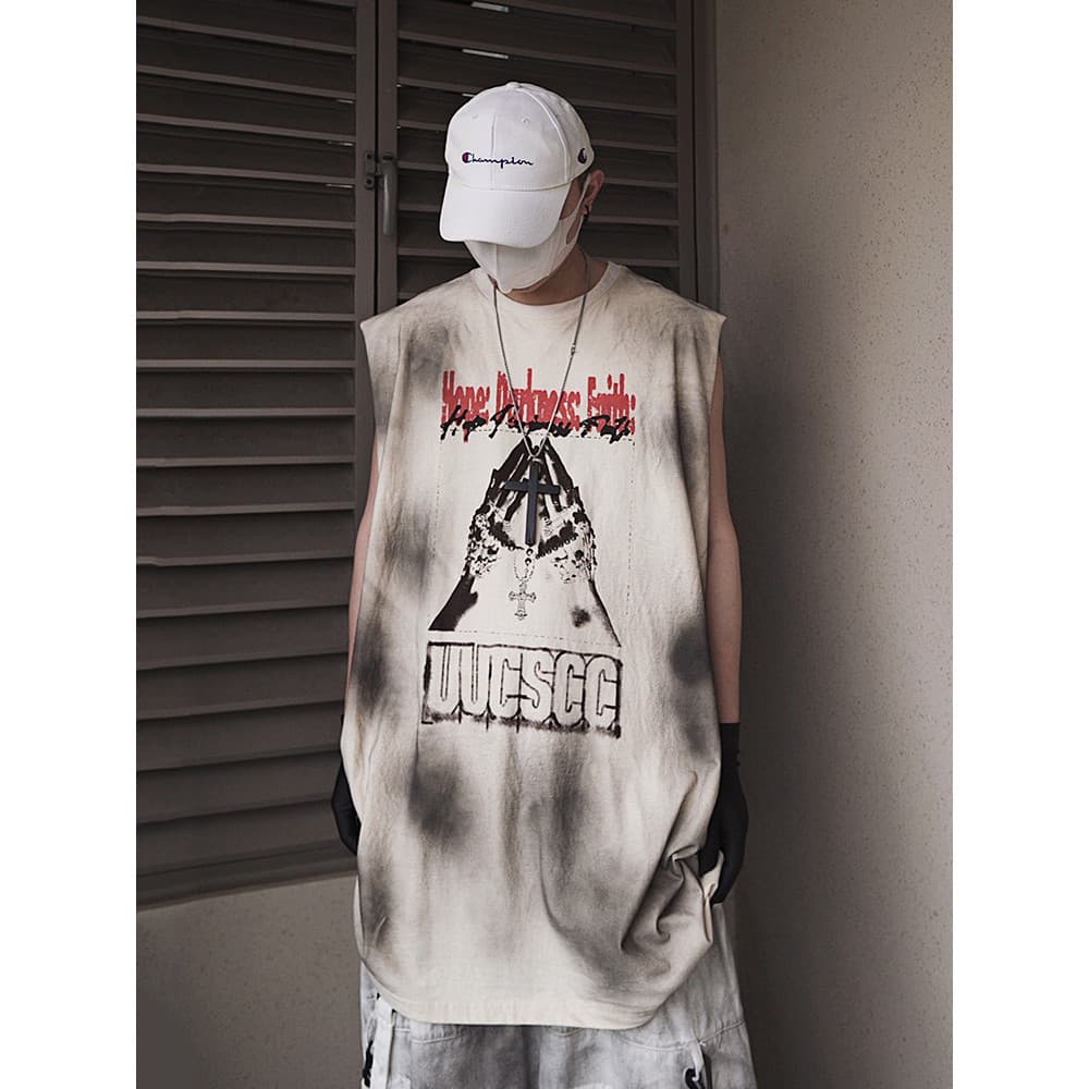 UUCSCC Hip-Hop street Wear Retro angustiado vintage em torno do pescoço sem mangas camiseta High street solto impresso c