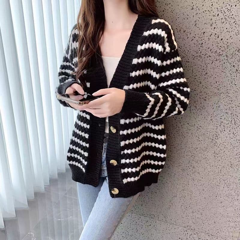 Versão coreana listrado camisola Cardigan jaqueta feminina primavera outono estilo ocidental estilo preguiçoso solto All