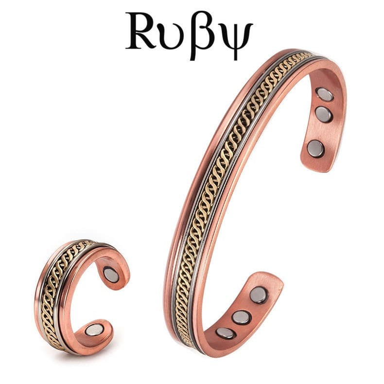 Conjunto de Anel e Pulseira Magnéticos Ruby* em Cobre Vermelho para Homens e Mulheres, Design Aberto Ajustável, Cobre Pu
