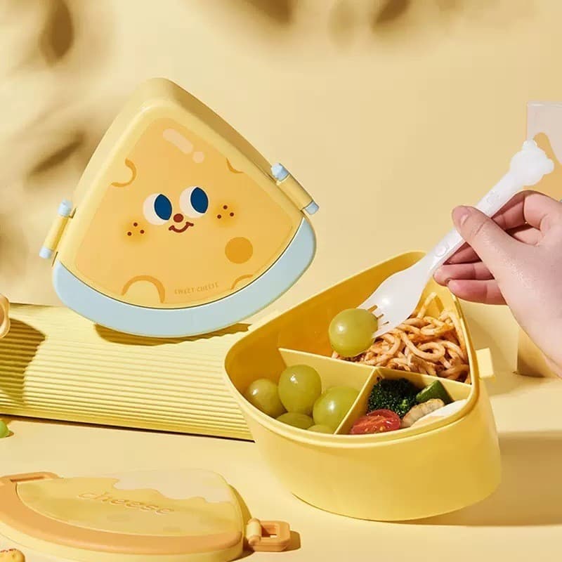 [Estoque pronto] Lancheira de queijo desenho animado criativo com garfo colher caixa de manutenção fresca meninas trabal