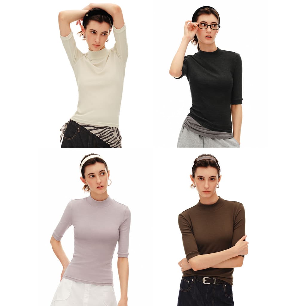 PSO Marca Feminina Estilo Básico Elástico Slim-fit Gola Meia Manga Top Casual Camiseta de Manga Média Verão