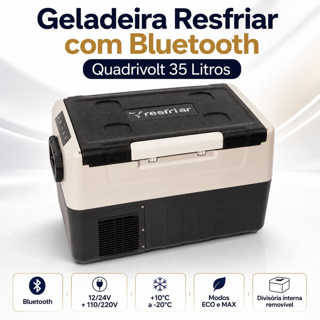 Geladeira Portátil 35 Litros Resfri Ar Quadrivolt Com Bluetooth Para Carros Van Caminhão Barco Trator