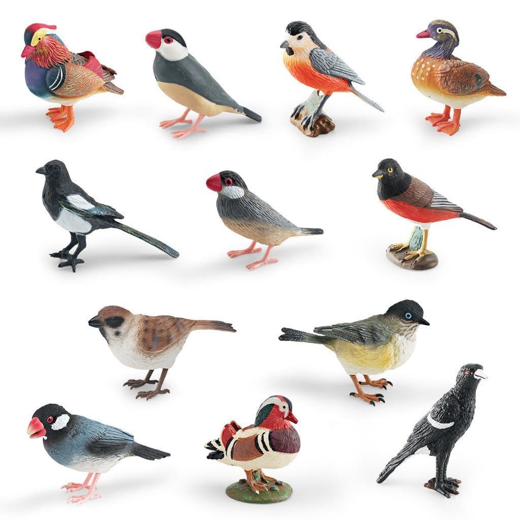 Modelos simulados de pássaros e animais para a cognição infantil, incluindo patos mandarim, papagaios e tucanos, ornamen