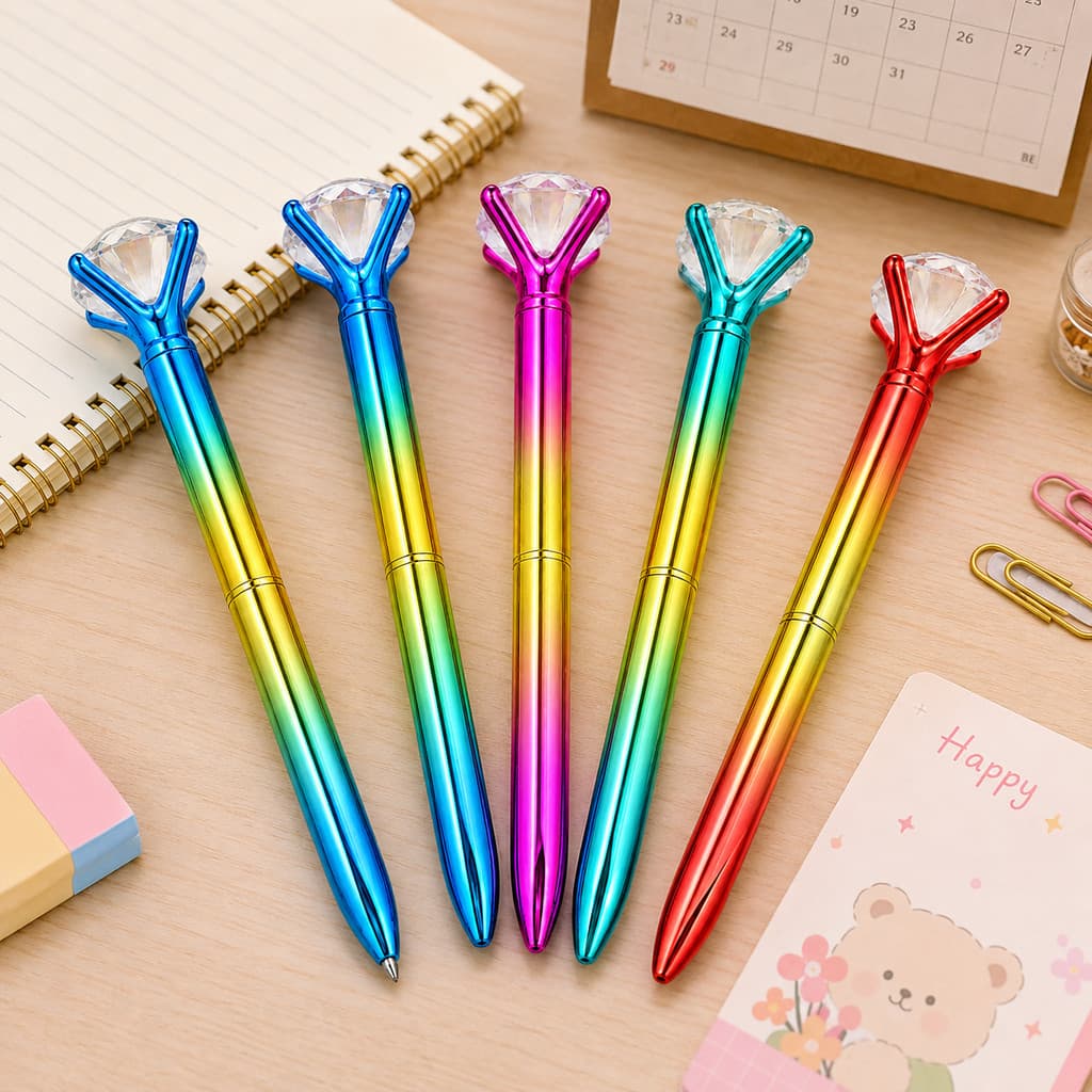 kit Caneta Diamante ou Flor Cristal Esferográfica Ponta Fina
