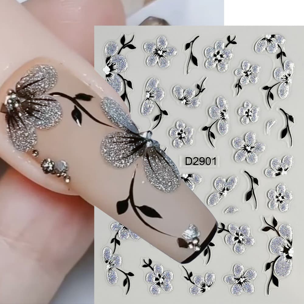 Lindos adesivos de unhas de estilo chinês com padrão de ameixa branca preta, adesivos decorativos de resina.