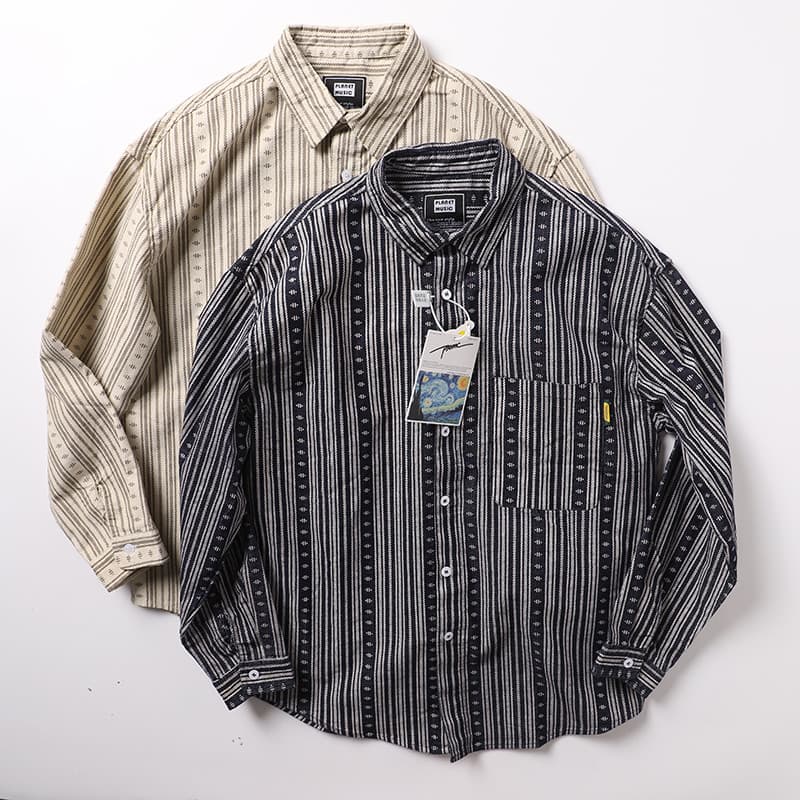 Super bonito!Japonês Retro lavado veludo listrado camisa de manga comprida masculina na moda solta Casual lapela camisa