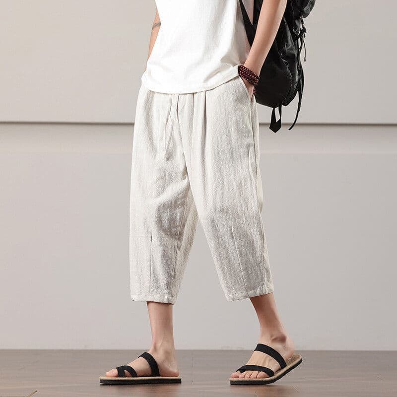 Calças cortadas masculinas verão calças de algodão fino em linha reta solta Shorts casuais tamanho grande 7 pontos calça