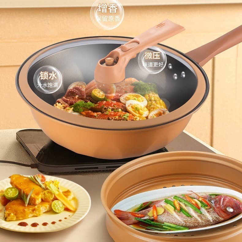 Frigideira antiaderente panela de saúde saudável wok vapor integrado panela wok panela Universal atacado multifuncional