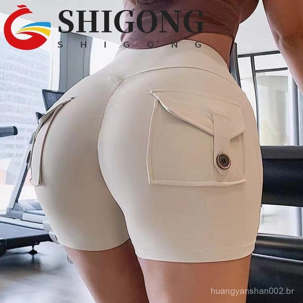 Shorts De Ginástica Com Bolso SHIGONG , Ioga De Cintura Alta Para Mulheres Respiráveis De Pêssego