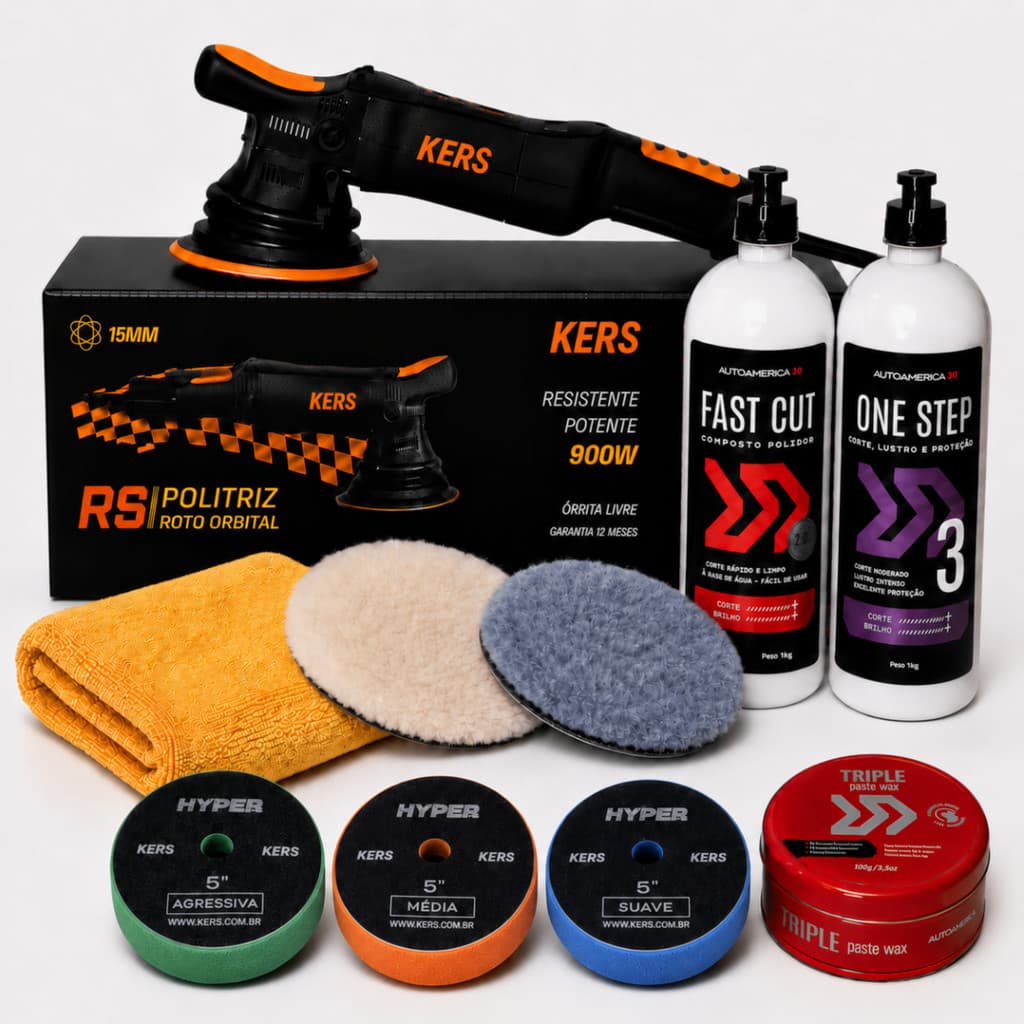 Kit Polimento Automotivo Politriz Kers RS 127v Compostos Fast Cut One Step + Cera 100g + Boinas Kers Corte Refino Lustro