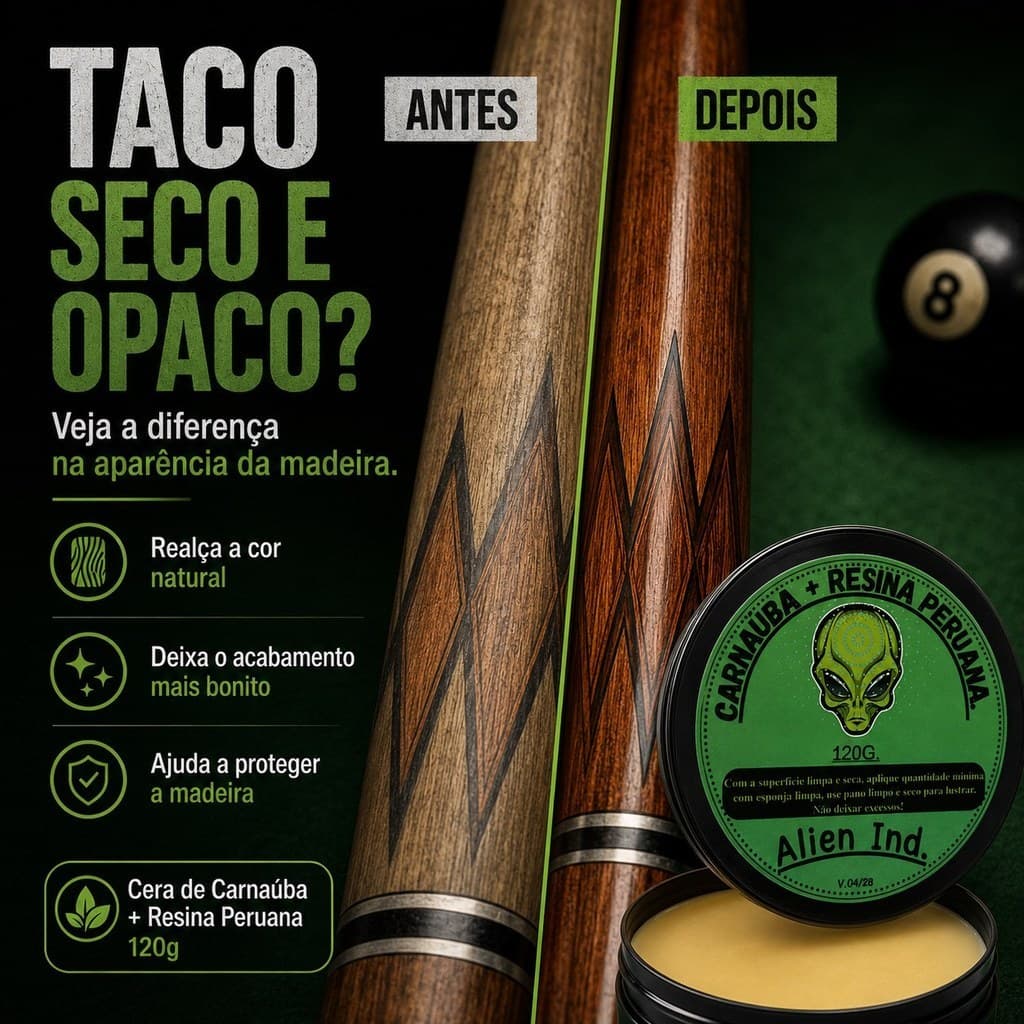 Cera Revitalizadora Para Taco de Sinuca Alien Ind 120g – Madeira Seca, Opaca, Brilho e Proteção