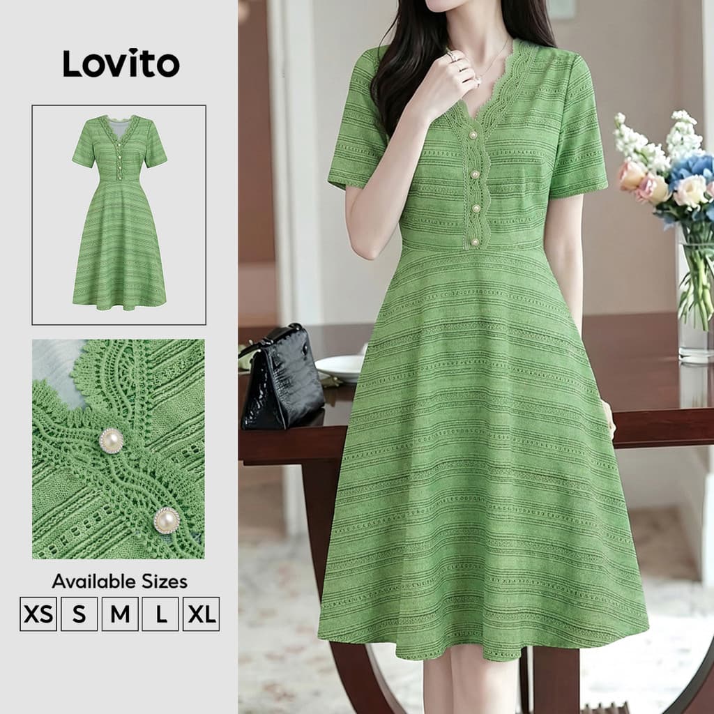 (New Arrival) Lovito Vestido Elegante com Babado No Pescoço Casual e Simples Vestido Verde para mulheres DRK8P2D893