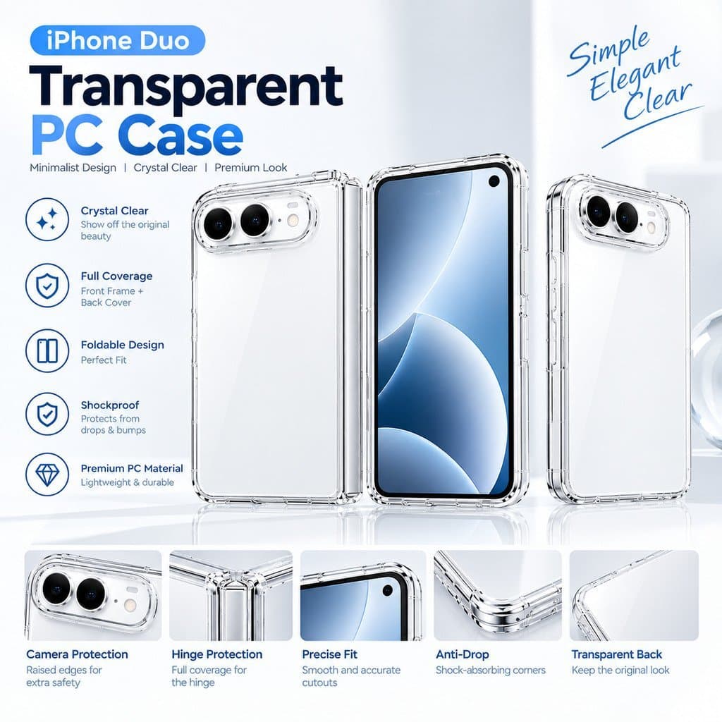 Capa transparente para iPhone Duo, feita de policarbonato, com alta transparência, dobrável, que oferece proteção total,