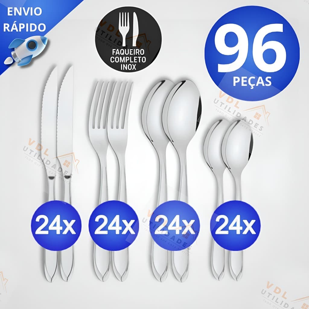 Jogo de Talheres 96 peças Aço Inox 24 Facas 24 Garfos de Mesa 24 Colheres e 24 Colheres Sobremesa