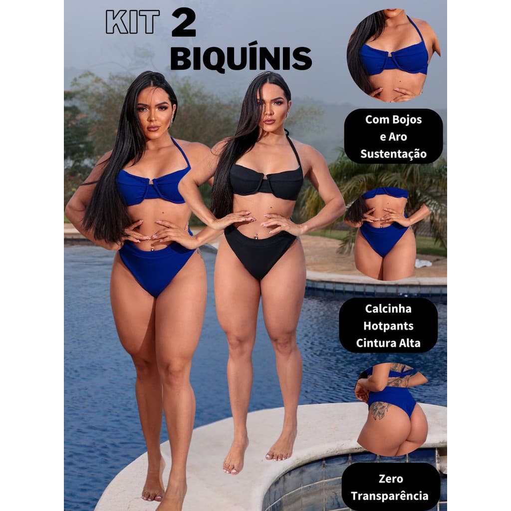 Kit 2 Biquínis Hot Pant Retro Bojo Meia Taça Cintura Alta