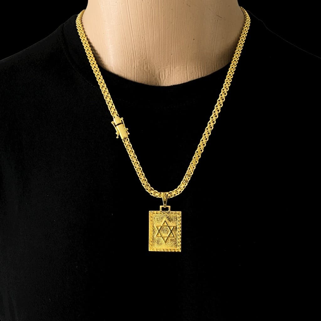 Cordão Cadeado Duplo 7mm PLAQUINHA ESTRELA DE DAVI BANHO DE OURO 18K - Fecho  GAVETA PREMIUM 3 TRAVAS