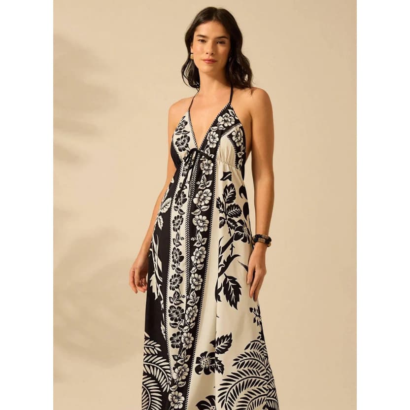 Vestido de Praia de Verão Casual com Estampa de Flores Estilo Boêmio Tropical, Alças Finas e Cordão para Mulheres