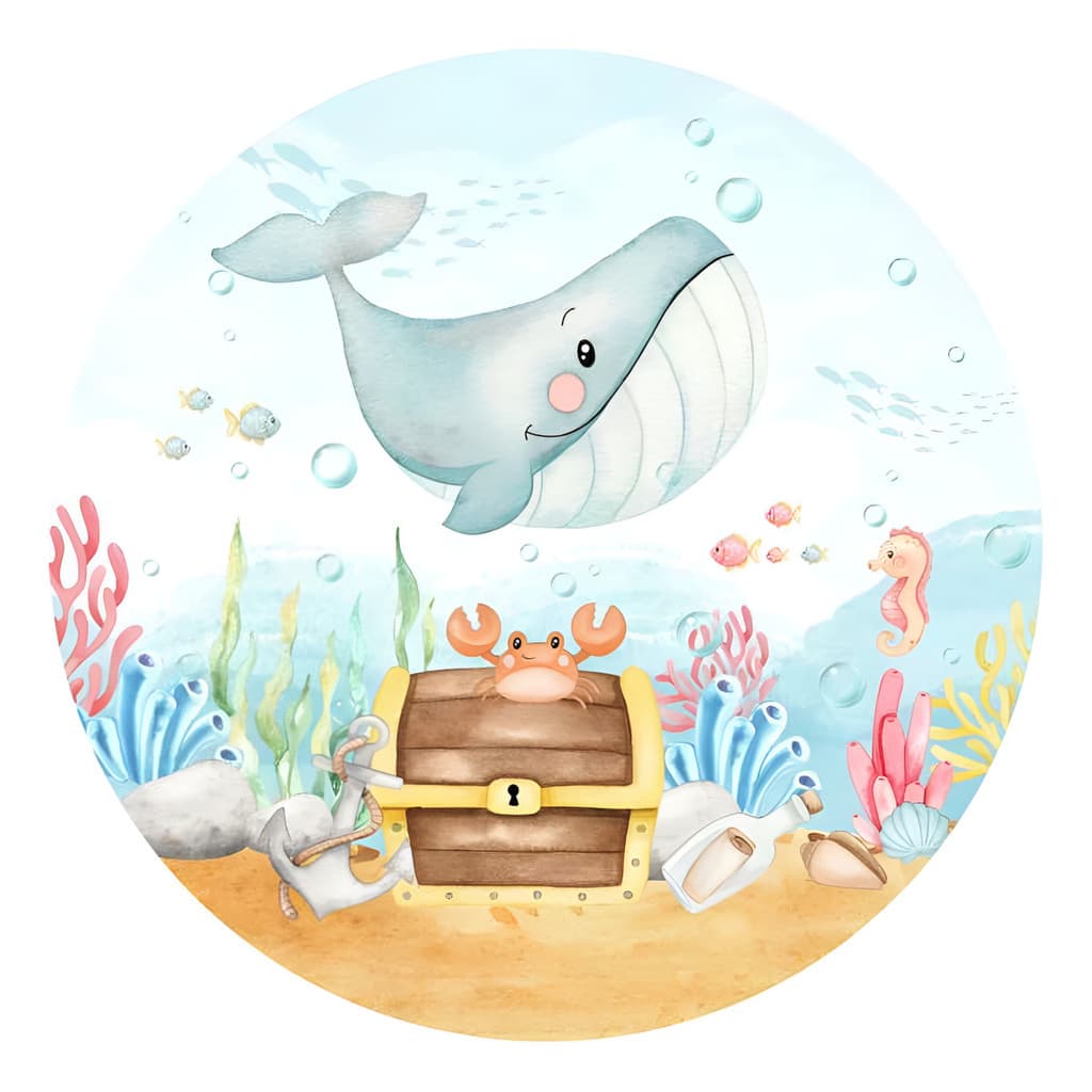 Capas Mini Painel Redondo Festa Infantil Fundo do Mar Tema Aquarela Pastéis Decoração Alegre