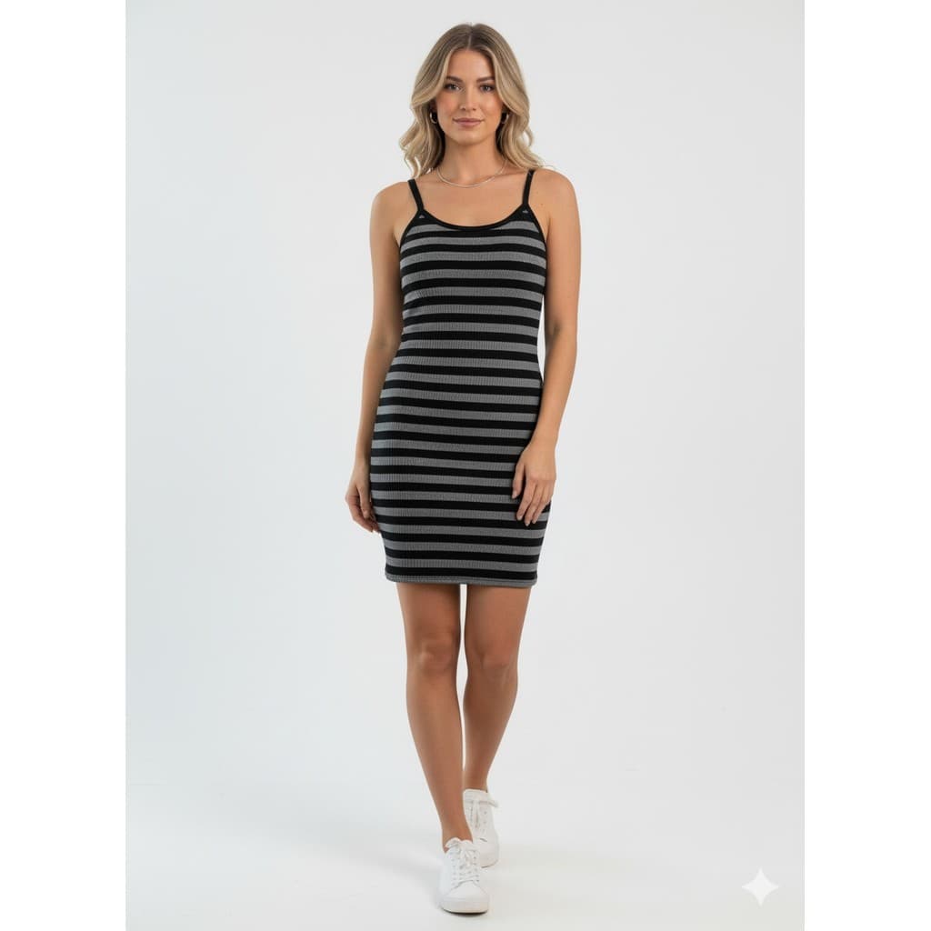 Vestido vestidinho femino curto listrado cinza alça fina regata moderna