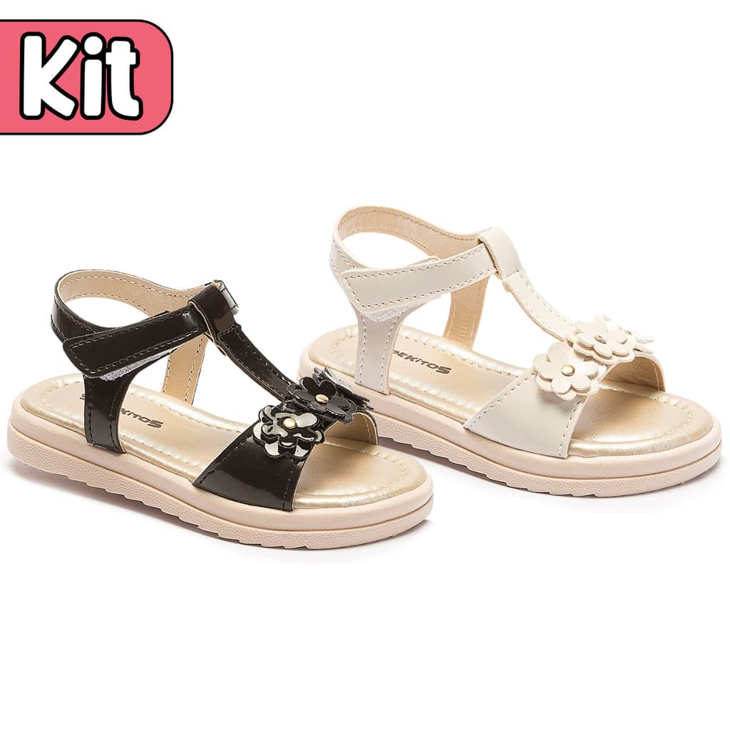 Kit 2 Pares de Sandália Infantil Menina Verão Preto + Off-White Tamanho 22 ao 27 Sapekitos