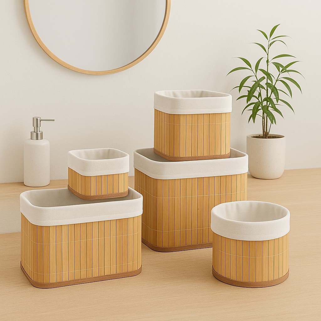 Conjuto 4 Cestos Organizadores Bambu Quarto Banheiro Closet