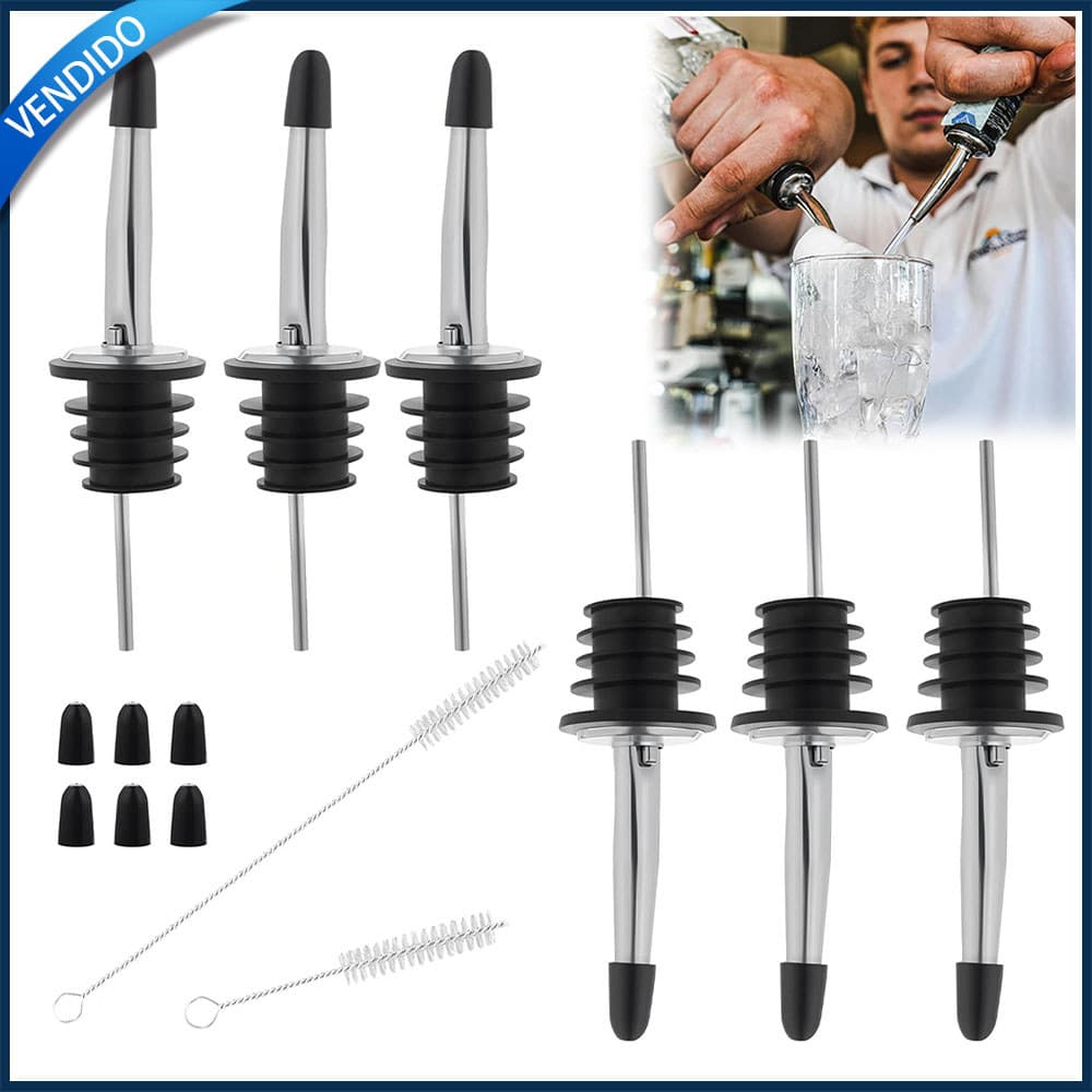 Kit 6 Bico Dosador Inox Biqueira de Garrafa Bar Bartender Bebidas Vodka Drink Tequila,Com duas escovas