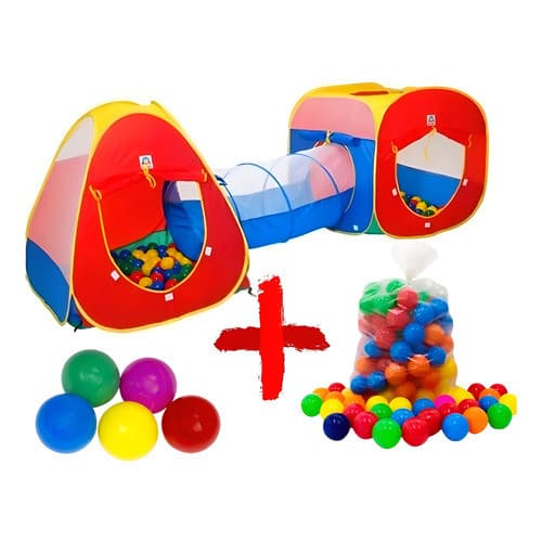 Toca Barraca Infantil Com Tunel 3 Em 1 + 100 Bolinhas Kit Cor Vermelho E Azul