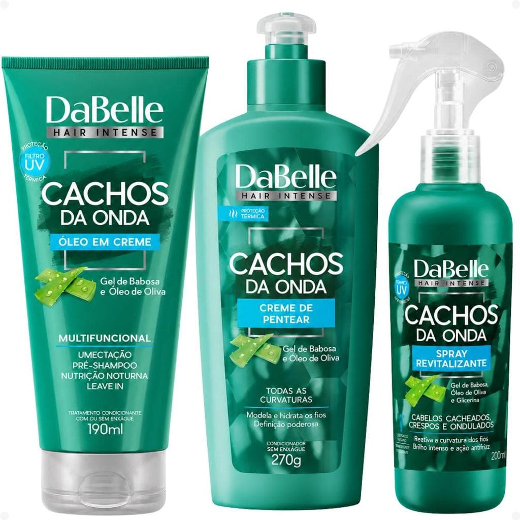 Kit DaBelle Cachos Da Onda:Creme de Pentear 270g,Óleo em Creme 190ml e Spray Revitalizante 200ml