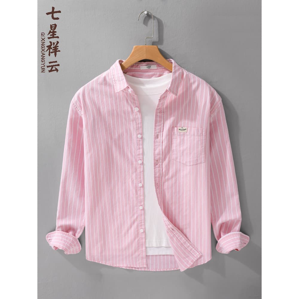 Rosa jovem riscas camisa masculina de manga comprida japonês fresco na moda topo juventude All-Match camisa jaqueta fina