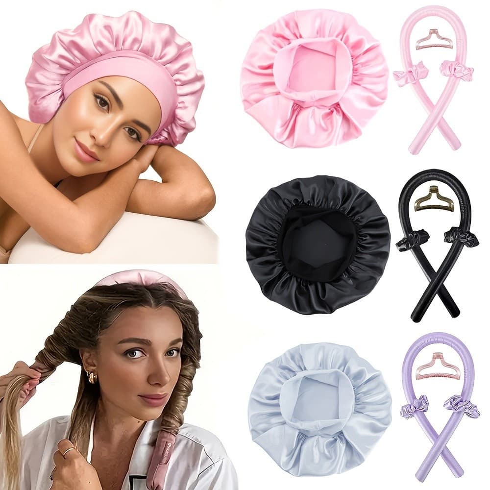 Conjunto De Toucas De Dormir De Cetim Com Grampos De Cabelo , Anéis E Tiaras-Textura Macia-Sem Fragrância , Inclui Haste