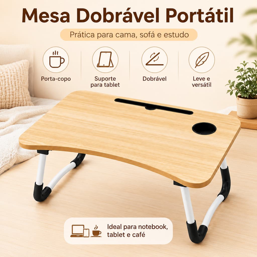 Mesa Dobrável para Notebook Cama Estudo Portátil com Porta Copo Suporte Tablet Quarto Sala
